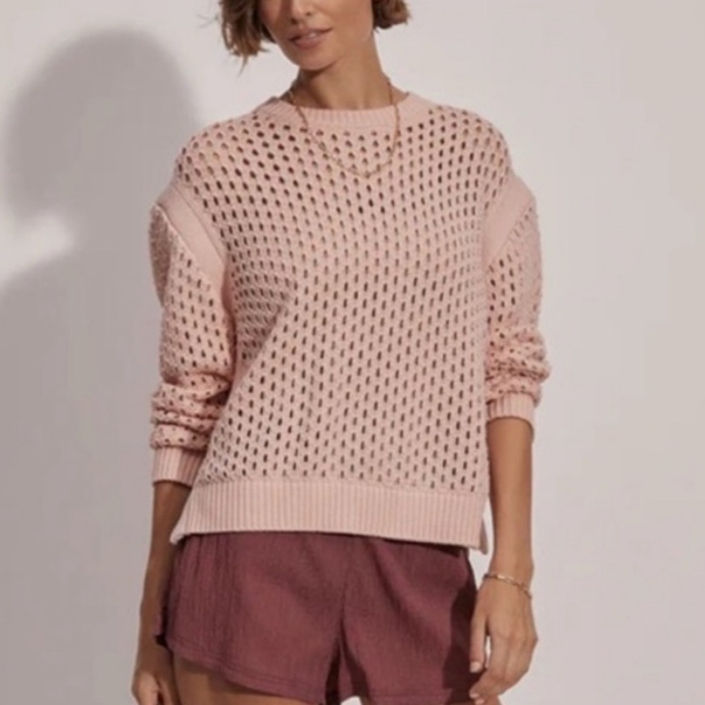 Varley Open-Knit Crewneck Sweater in Blush Pink